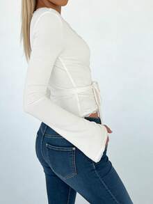 Women Y2k Solid Color Long Sleeve T-Shirts Lace Trim Tie-Up V-Neck Shirts Spring Fall Slim Fit Casual Tops Basic Tee Going Out Outfit Streetwear - trắng - Xem 3