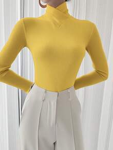 女士纯色针织交叉领打底衫，办公室穿着春季新款休闲款 - 黃色 - 查看 7