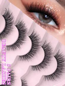 ENCHUW 5 pares de pestañas postizas de aspecto natural con banda transparente, esponjosas y suaves, extensiones de maquillaje de imitación de visón - Negro - Ver 1