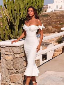 ADYCE 一字肩魚尾裙下擺緊身上衣緊身連衣裙 - 白色 - 查看 5