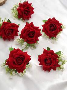 康乃馨玫瑰胸针及纽扣套装，人造花腕花，舞会礼服花环，新郎胸花，婚礼花卉装饰，舞会礼服配饰 - 彩色 - 查看 8