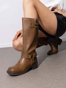 Women's Motorcycle Boots Side Zipper Knee High Boots Square Toe Chunky Low Heel Buckle Decorated Biker Fashion Long Boots Festival Dresses - 摩卡棕 - 查看 3