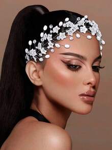 1pc Elegant Handmade Bridal Headband With Resin Flowers & Artificial Pearls Decoration, Suitable For Wedding, Prom, Party, Holiday Gift - Silver - View 8