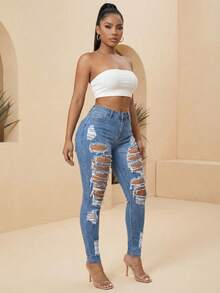 Women's High Waist Distressed Stretchy Skinny Jeans Retro Casual Outing Denim Pants With Bold Ripped Details - Rửa nhẹ - Xem 3