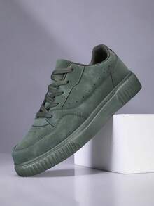 36-45 Unisex Thick Sole Lace-Up Casual Sneakers, White Shoes, Versatile Soft Bottom Student Skate Shoes, Non-Slip & Wear-Resistant - Green - View 3