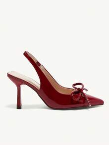 Elegantes tacones altos de cuero patentado burdeos con decoración de lazo, adecuados para Año Nuevo, Día de San Valentín y uso en días festivos - Beis - Ver 7