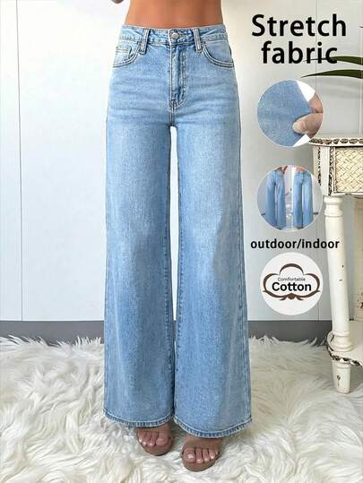 Elegant & Stylish Women's Casual Wide Leg Jeans, Denim Fabric, Light Wash, Long Length, Medium Stretch