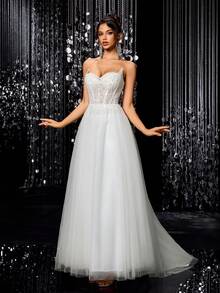 纯色亮片拼接拉链优雅无肩带婚纱 - 白色 - 查看 3