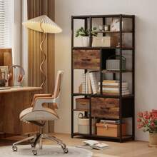 Storage Shelf, 2 Fabric Drawers, 9 Open Compartments, Freestanding Shelf With Steel Frame, Brown And Black - 1PC - View 1