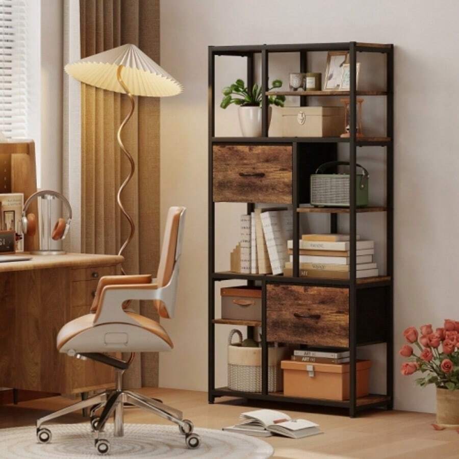 Storage Shelf, 2 Fabric Drawers, 9 Open Compartments, Freestanding Shelf With Steel Frame, Brown And Black - 1PC - View 1