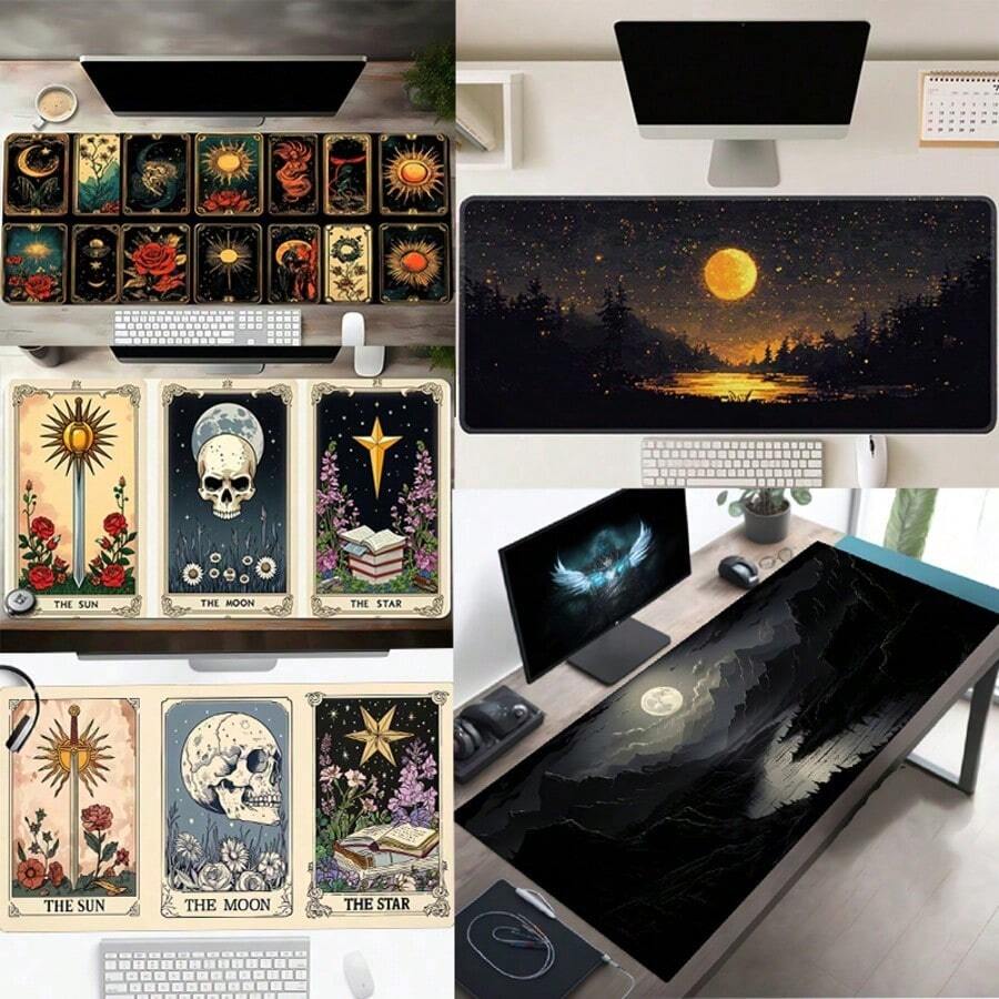 1 Peça Grande Mousepad para Teclado Gamer, Tapete de Teclado para Laptop, Tapete de Mesa - Design Temático Boêmio da Noite e Fases da Lua; - Com Bordas Costuradas com Precisão e Base de Borracha Antiderrapante, Disponível em Vários Tamanhos: 15,7*35,4 Polegadas (40*90 Cm). - Fácil de Limpar e Lavar, Ideal para Casa, Escritório, Local de Trabalho, Sala de Jogos e Dormitórios; Perfeito para Suprimentos de Volta às Aulas, Presentes de Férias para Namorados e Namoradas, Acessórios de Mesa, Suprimentos de Escritório, Tapetes de Mesa e Mousepad. Cena Noturna Abstrata, Lua Cheia e