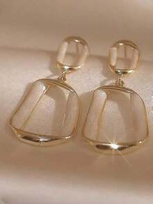 1 Pair Of Elegant Asymmetrical Geometric Square Earrings, Long And Flexible Pearlescent White Glazed Resin Inlaid Square Dangle Earrings, High-End Chic Earrings Suitable Women Everyday Wear - 白色 - 查看 8