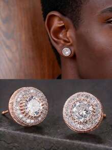 Iced Out Round Stud Earrings For Men, Rose Gold Plated Paved CZ Bling Hip Hop Streetwear Jewelry - Rose Gold - View 1