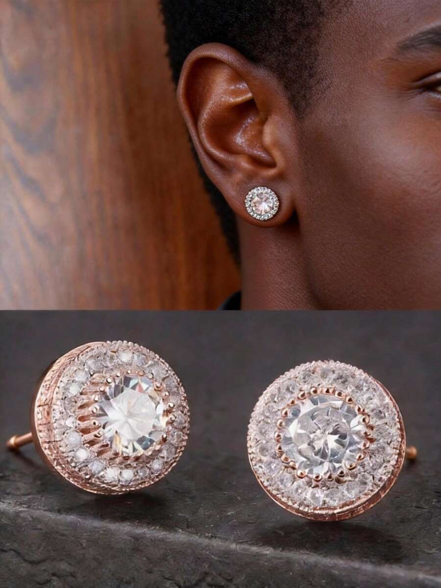 Iced Out Round Stud Earrings For Men, Rose Gold Plated Paved CZ Bling Hip Hop Streetwear Jewelry - Rose Gold - View 1