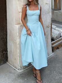 2026春夏新款时尚法式方领高端优雅吊带连衣裙，收腰修身A字裙，适合春季穿搭、情人节、派对、海滩、优雅、Y2K、街头风、波西米亚风、乡村风、嘉年华、婚礼宾客、生日、复活节、假日、毕业典礼、郊游、舞会、伴娘、音乐节等场合。 - 藍色 - 查看 6