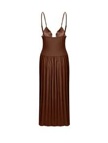 Đầm maxi dệt kim màu nâu, thanh lịch, gợi cảm, lãng mạn, thiết kế cao cấp dành cho nữ, thích hợp cho các bữa tiệc bãi biển, kỳ nghỉ, du lịch, không tay, cổ chữ V sâu, đính vòng kim loại, gấu xếp ly, ôm eo, thích hợp cho mùa xuân/hè. - màu nâu - Xem 10