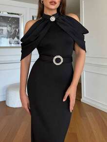 ChicMe 女士高领露肩水钻羽毛中长连衣裙，配腰带，修身优雅鸡尾酒会礼服 - 黑色 - 查看 4