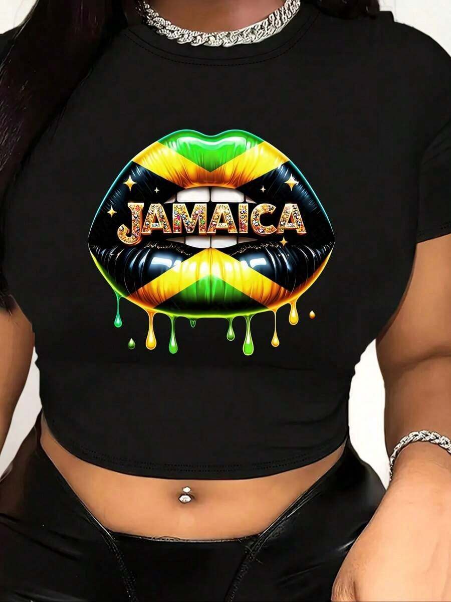 Y2K-Style Women's Cropped T-Shirt Top. Jamaica Flag Elements Black Crop Short Sleeve T-Shirt - Black - View 1