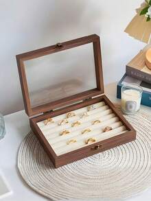 1个复古木质首饰盒，带玻璃面板和防尘盖 - 八角形收纳盒，可存放手镯、戒指、耳环、项链 - 多层设计，内置耳环钩和织物内衬，方便收藏和收纳，金属搭扣锁，结构坚固耐用，可作展示柜，时尚达人专属首饰盒 - 多色 - 查看 4