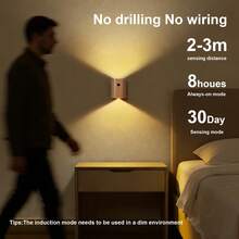 1 套木质运动传感器 LED 壁灯，可粘贴磁性床头灯，适用于楼梯、阁楼、浴室、走廊、地下室、车库