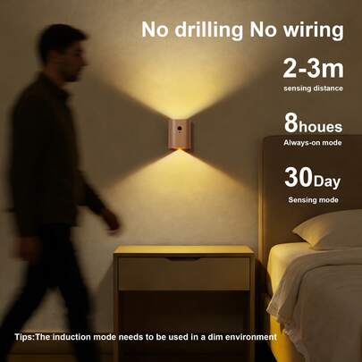1 套木质运动传感器 LED 壁灯，可粘贴磁性床头灯，适用于楼梯、阁楼、浴室、走廊、地下室、车库