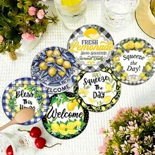 6 Stück Zitronen Muster Untersetzer Set, Heimdekoration, Teetassen Matten, Wasserglas Untersetzer, Weinglas Untersetzer, Kaffeetassen Matten, runde absorbierende Silikongeluntersetzer Set, Kaffee Bar & Küchen Accessoires, geeignet für Heimdekoration, Partys und Geschirr Geschenke, ganzjährige Haushaltsdekorationen - Verschiedenfarbig - Übersicht 1