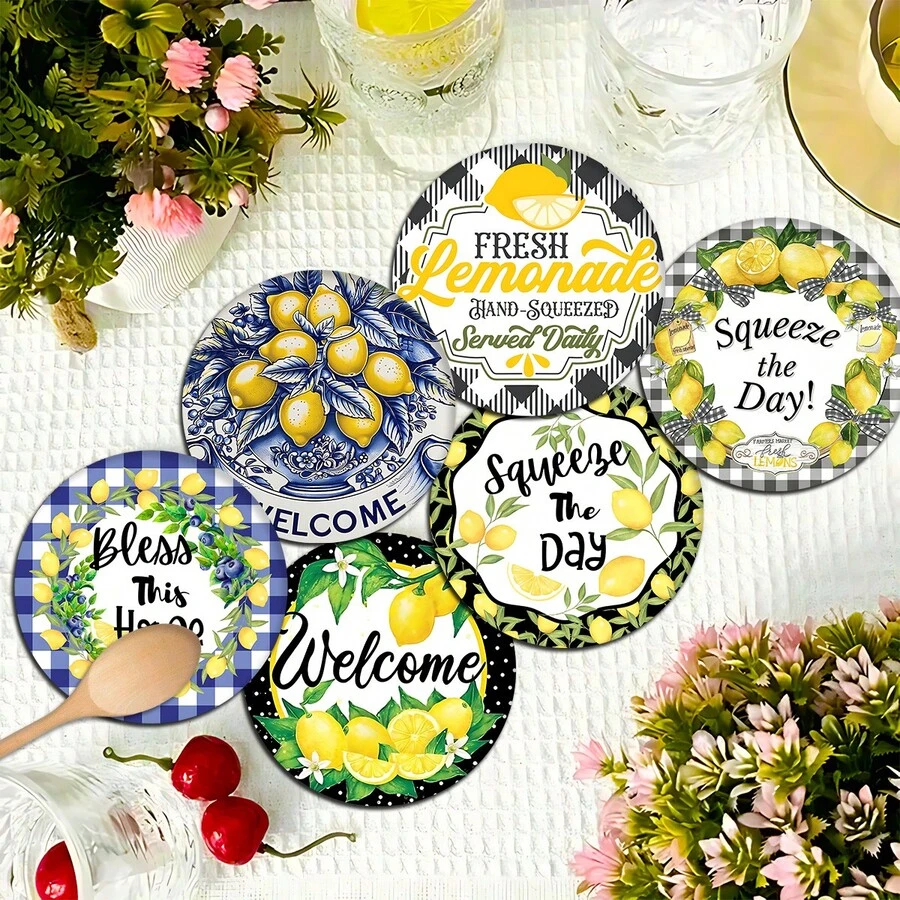 6 Stück Zitronen Muster Untersetzer Set, Heimdekoration, Teetassen Matten, Wasserglas Untersetzer, Weinglas Untersetzer, Kaffeetassen Matten, runde absorbierende Silikongeluntersetzer Set, Kaffee Bar & Küchen Accessoires, geeignet für Heimdekoration, Partys und Geschirr Geschenke, ganzjährige Haushaltsdekorationen - Verschiedenfarbig - Übersicht 1