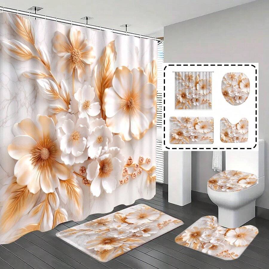 1 pezzo/4 pezzi Set tenda doccia da bagno, Set tenda doccia, Decorazione bagno, Tappeto da bagno, Decorazione casa, Tappetino da bagno, Motivo marmo e floreale, Regalo, Decorazione a tema, Set bagno, Include 12 ganci