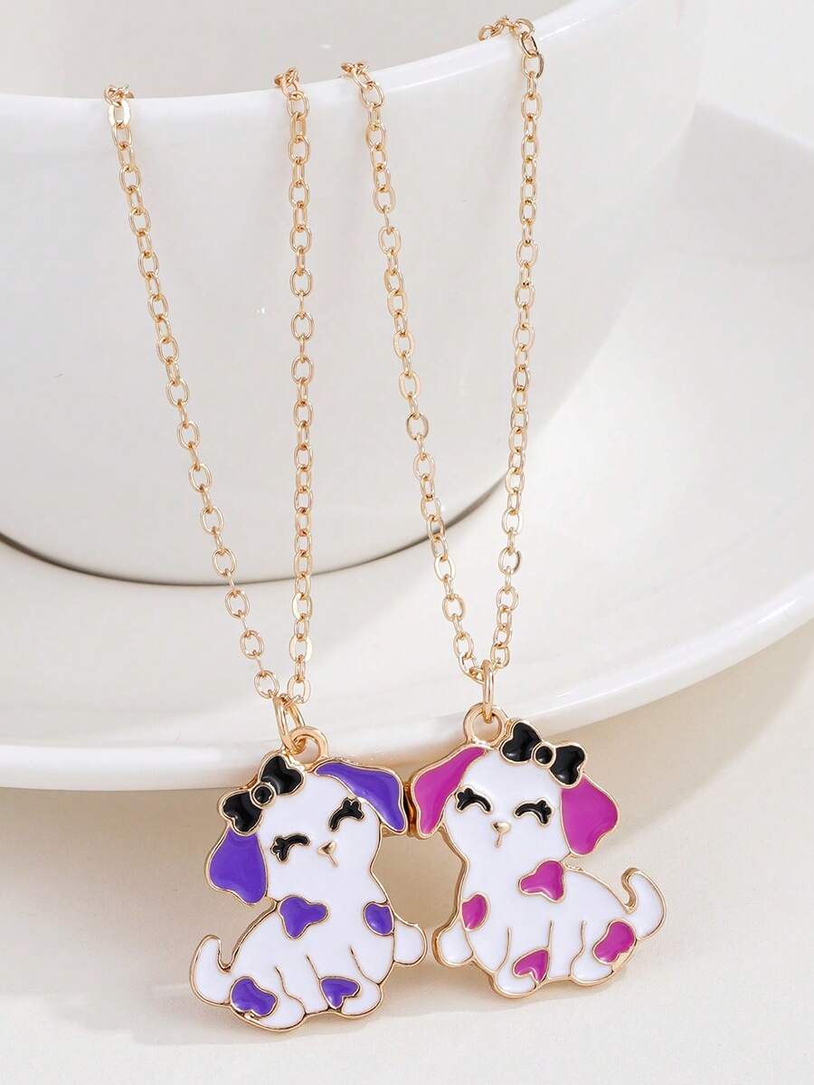 2pcs/Set Cute Cartoon Puppy Pendant Necklace, Friendship Jewelry For Best Friends, Daily Wear - Multicolor - View 1