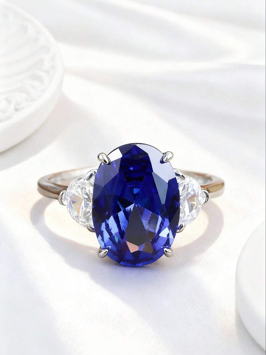 1 pieza Anillo de boda de plata 925 con tanzanita de 5 quilates, elegante para fiestas y banquetes, regalo de alta calidad para el Día de la Madre, Ramadán, Carnaval - Plateado - Ver 1