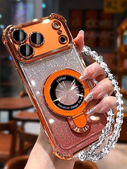Sequins,Rhinestone Drop-Resistant Anti-Drop WireLess Charging Compatible Phone Case+Wrist Strap Shockproof New Electroplating Process Shockproof Phone Case Foldable Stand Glitter Cardboard Four Corner Protectors ,Gift For Girlfriend,Compatible With IPhone 17 Pro 16 Pro Max Air Compatible With Samsung S26/S25/S25Plus/S25 S26Ultra A07 A17 XM HW Redmi Note 15 Redmi A5 Oppo