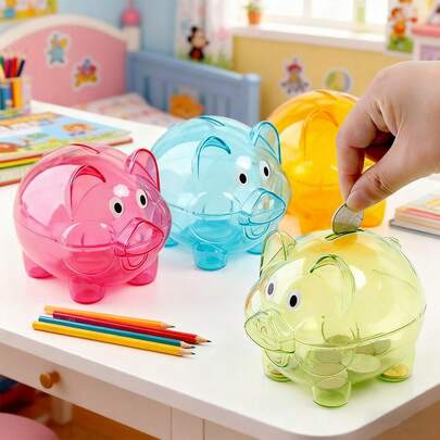 1pc Blue/Green/Pink/Orange Cartoon Transparent Plastic Piggy Bank, Creative Savings Jar Kindergarten Gift Kids Birthday Back To School Gift Coin Bank For Boys And Girls