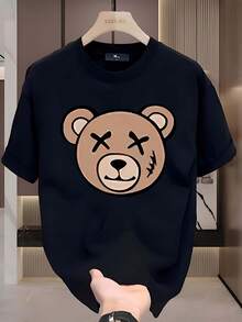 Chic Essential Cartoon Bear Pattern Black Cotton Short-sleeve T-shirt.Suitable for wearing in spring and summer, T-shirt is a casual and chic short-sleeved top - Negro - Ver 1
