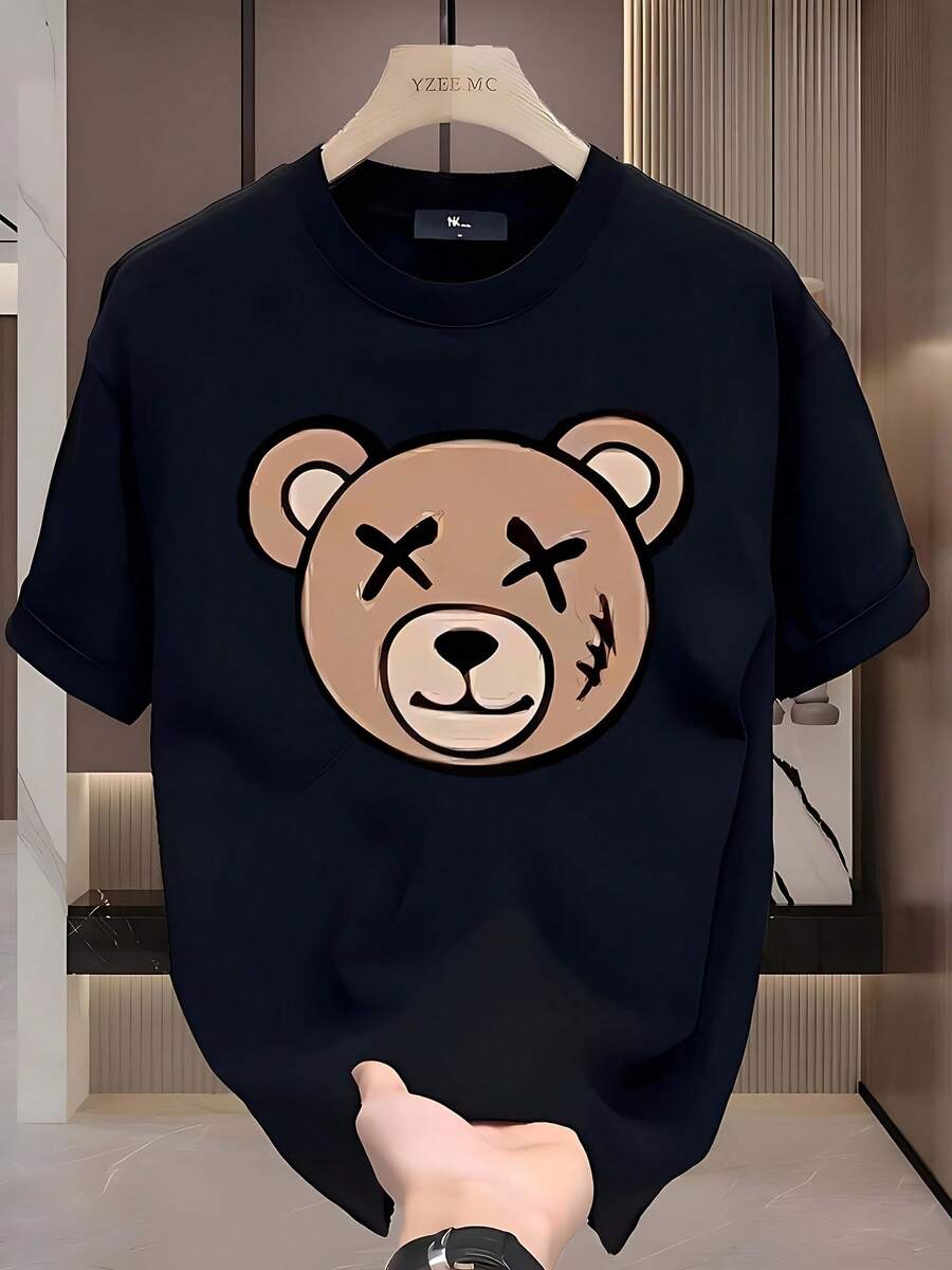 Chic Essential Cartoon Bear Pattern Black Cotton Short-sleeve T-shirt.Suitable for wearing in spring and summer, T-shirt is a casual and chic short-sleeved top - Negro - Ver 1