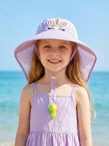 1pc Toddler & Kids' Navy Blue Shark Cartoon Bucket Hat With Neck Strap, Adjustable Drawstring, Outdoor Sports Cap, Random Whistle Color, Spring/Summer - Purple Unicorn - View 9