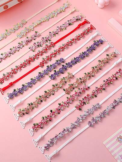 Colorful Flower Lace Bra Strap Embroidered Flower Underwear Replacement Strap Sexy Matching Bra Shoulder Strap Can Expose Leakage Underwear Strap Dress Vest Thin Strap Invisible Non Trace Bra Strap