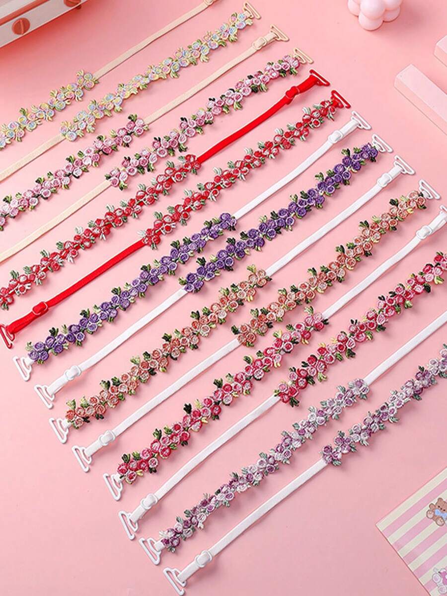 彩色花朵蕾丝文胸肩带 刺绣花朵内衣替换肩带 性感搭配文胸肩带 可暴露漏尿内裤肩带 连衣裙背心细肩带 隐形无痕文胸肩带 - 彩色 - 查看 1