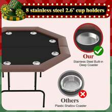 Mesa de póker octogonal para 8 jugadores, mesa de cartas plegable de estilo casino con patas colapsables y soportes de tazas de acero inoxidable/plástico, mesa de juegos de Texas Holdem Blackjack para fiestas en casa - Acero inoxidable - Ver 5