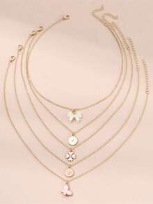 4-Piece Elegant Girl's Necklace Set With Butterfly, Heart Shaped Zinc Alloy Pendant, Suitable As Birthday, Holiday Gift For Girlfriend, Friend, Mother - one-size - View 2