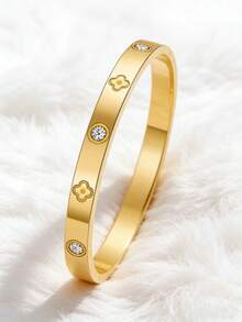 1pc Fashionable & Personalized Luxury Stainless Steel Zirconia Bracelet For Women, Suitable For Party, Gathering, And Daily Wear - Gold 1 - View 7