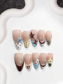 10片/套趣味学院风多边形凝胶美甲套装，亚克力压制甲片，手绘蓝、白、酒红五角星图案，饰以闪亮银色水钻，浅棕色圆点，白色、黄色、蓝色、粉色、银色指甲油，女士和女孩的理想礼物，附赠美甲工具，手工压制甲片 - 彩色 - 查看 11