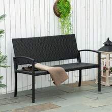 Polyurethane Garden Bench, Double Park Bench, Steel And Wicker Frame, Black, W122 X D60 X H87 Cm, Ideal For Garden And Terrace