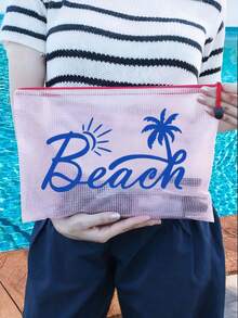 轻便PVC热带字母印花沙滩包 | 透明游泳包，男女通用，带肩带和拉链，可水洗，适合游泳、旅行、上学、沙滩等场合 - 彩色 - 查看 2