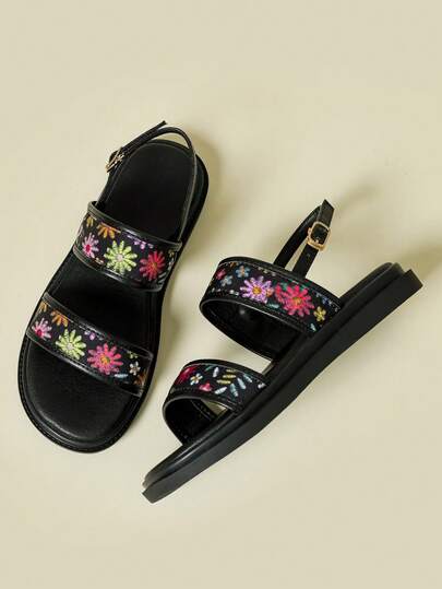 女士厚底绑带凉鞋，清新条纹绒面革材质，波西米亚复古风随机碎花露趾舒适坡跟休闲夏季新款鞋，适合海滩、度假，可搭配连衣裙、休闲穿着，随机彩色碎花设计，黑色不对称小碎花，透气，优雅，适合搭配连衣裙、休闲、运动，绑带罗马凉鞋，尺码41-43