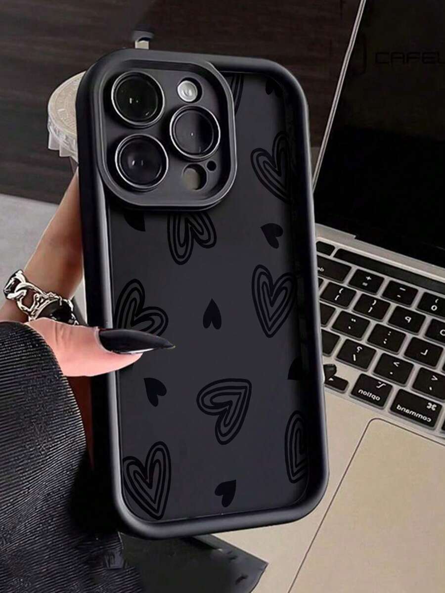 Heart Painted Simple Groove Black Painted Phone Case Compatible With IPhone 17/17 Pro/17 Pro Max/ 16/ 15/XR/ 16 Pro Max/7P 8P/P12 Pro Max/P13 Pro Max/P14 Pro Max/P13/P14/P11/P12/P14, Cute & Fashionable Thick Protective Cover For XS/S/XS Max/7 8 GES2 - Multicolor - View 1