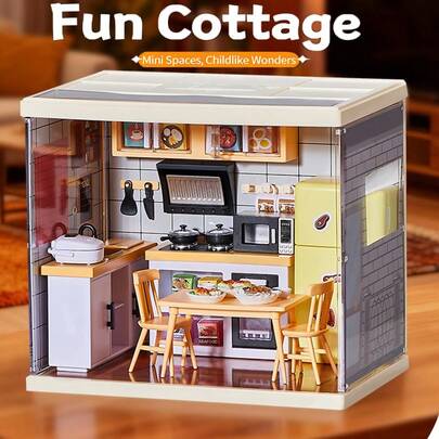 1 Set Of DIY Handmade Retro Style Mini House Kit, 3D Scene Construction Puzzle Model, Luxury Kitchen, Convenience Store, Milk Tea Shop, Living Room Happiness Pavilion Mini House, Street Stall, Toy House Bedroom Decoration, Home Decor, Excellent Gift For Family And Friends, Birthday Gift