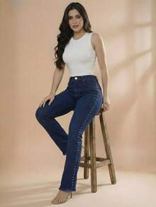 pthirillo Women's Dark Blue Flare Jeans With Butt-Lifting, High Waist, And Rhinestone Detail - Premium Rhinestone Jeans - Spike On the Side - View 5