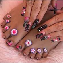 New 48-Piece Sweet Cool Leopard Print French 3D Flower Gradient Set Square Fake Nails Factory Finished Hot - XXS164 - 查看 3
