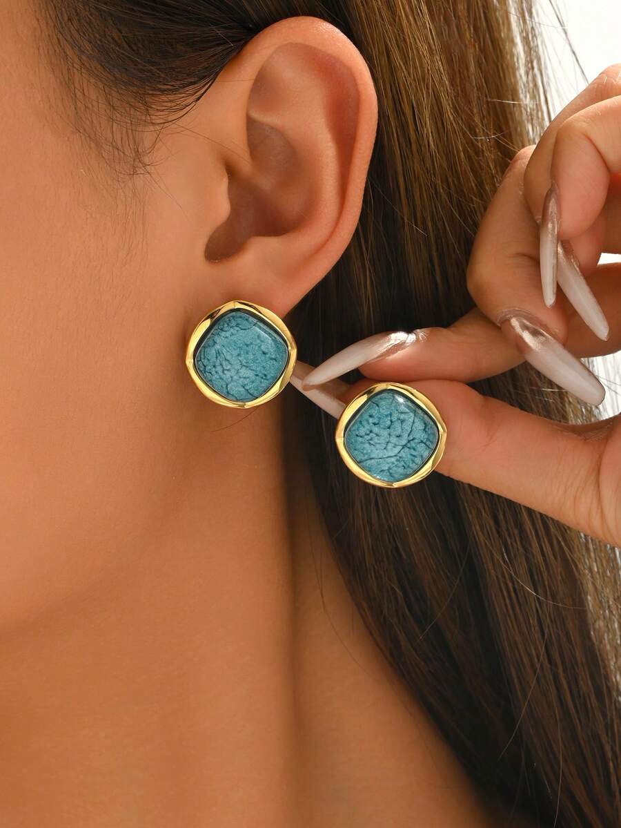 1 Pair Cracked Texture Geometric Square Stud Earrings, Minimalist Chic Earrings, Versatile Elegant Earrings Suitable For Women, Party, Daily Wear, Holiday Gift - Golden Yellow Earrings - View 1