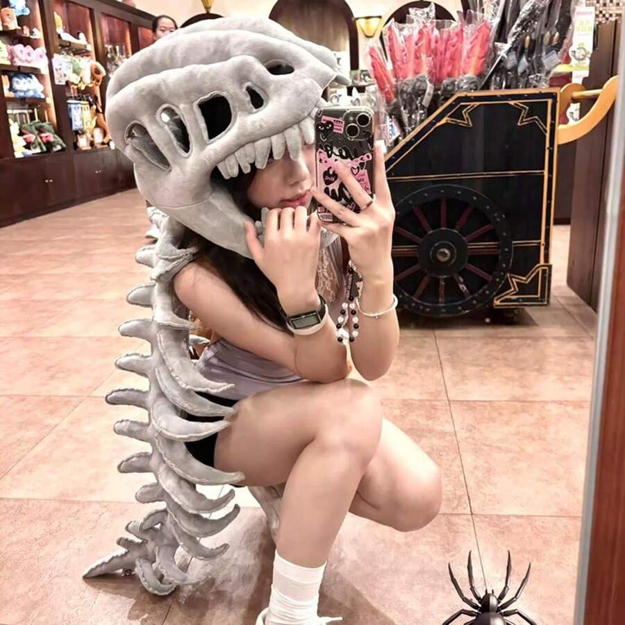 1pc Dinosaur Skeleton Head Plush Doll Hat, Matching Bone Doll Costume, Funny Birthday Gift For Kids, Girlfriend - Grey - View 1